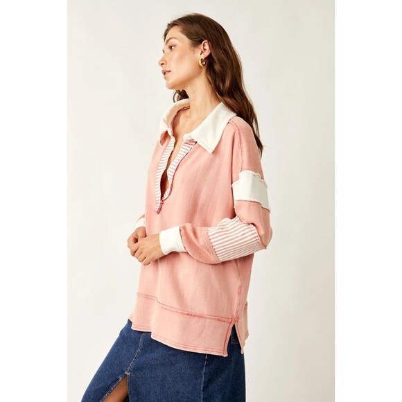 Free People We The Free Clean Prep Polo Pullover Top Oversized Striped XS 281002 - Picture 2 of 8